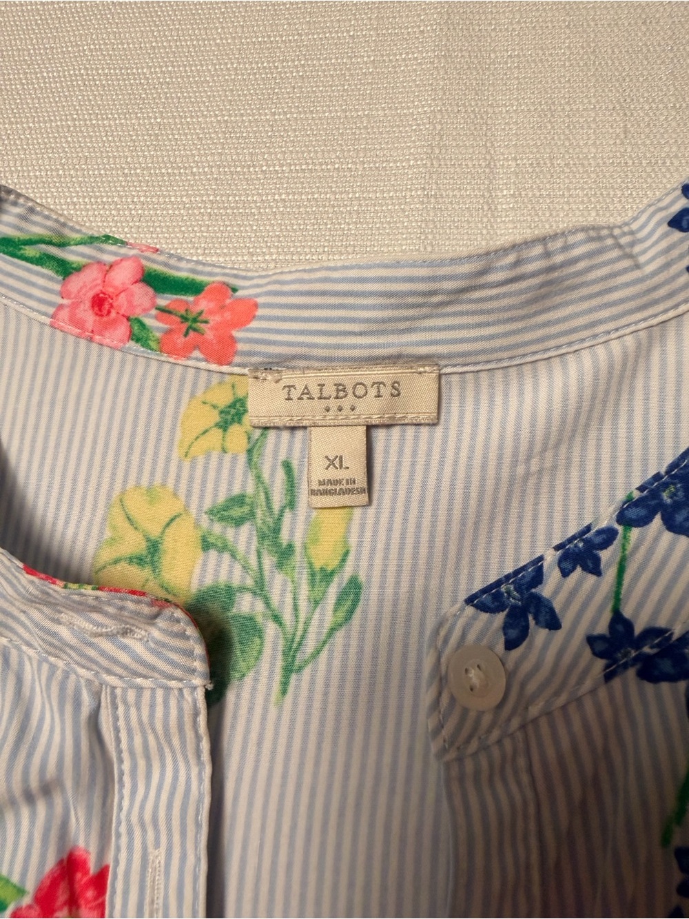 Talbots Light Blue Striped Floral Popover Blouse - Picture 6 of 7